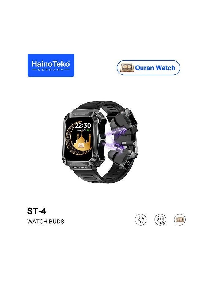 Haino Teko ST4 Smart Watch Buds with Full Quran 114 Chapters, Wireless Earbuds, Music Playback, Touch Control, Smart Features, Comfortable Fit for Men and Boys, Daily Use and Learning - Image 1